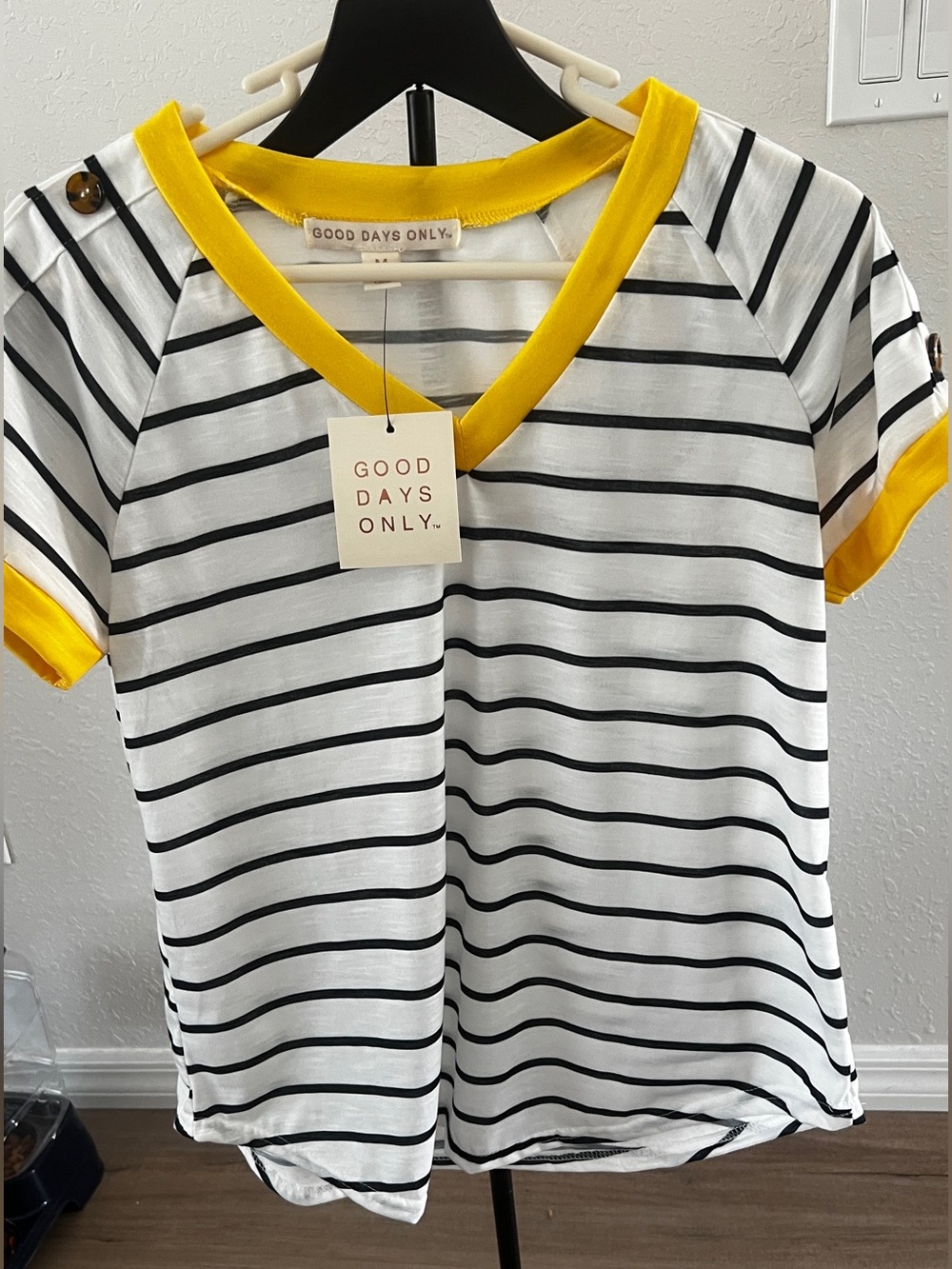 Women’s Black & White Stripe V-Neck Top with Yellow Trim